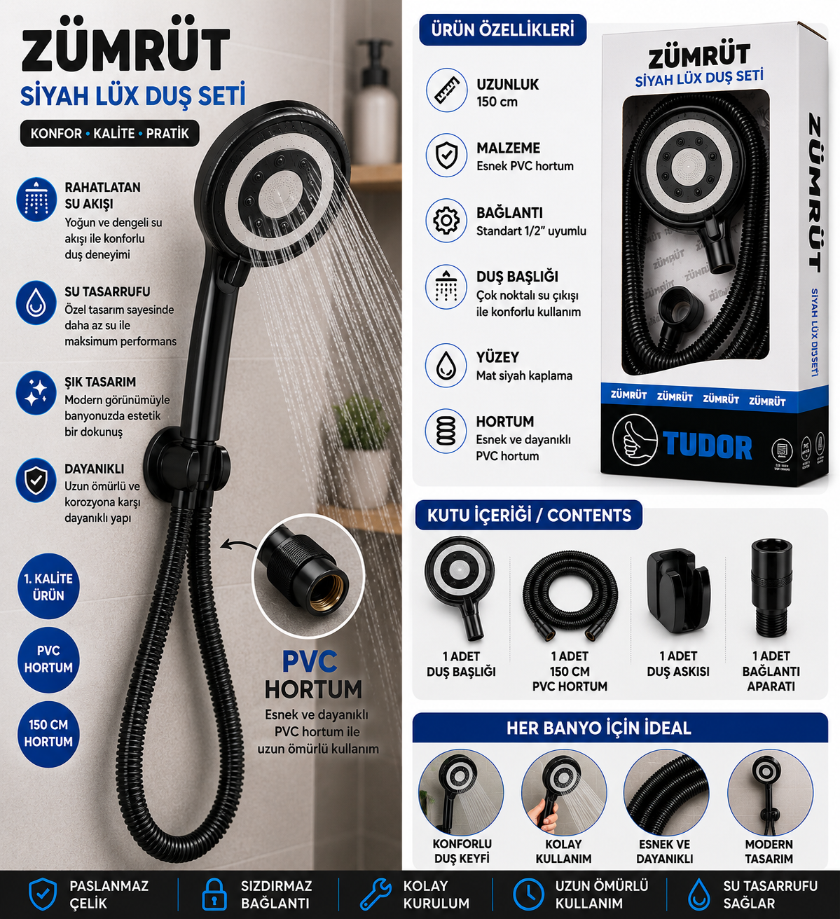 ZÜMRÜT Siyah Duş Seti Duş Başlığı Uyumlu Çelik  Duş Hortumu 1,5 Metre Universal Esnek Dayanıklı Krom Bağlantılı Hortum görsel 1